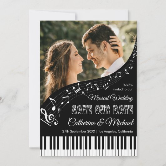 Piano Muziek Zwart & Wit Foto QR Code Trouwen Save The Date (Voorkant)