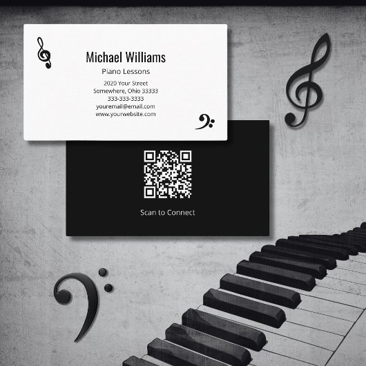 Piano muzieklessen Treble Bass Clef Visitekaartje
