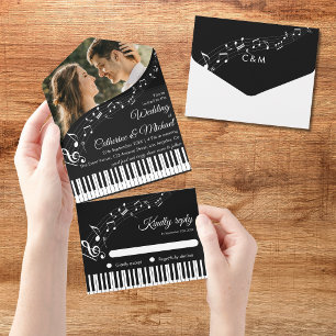 Piano Muzieknoten Zwart & Wit Foto Huwelijk All In One Uitnodiging