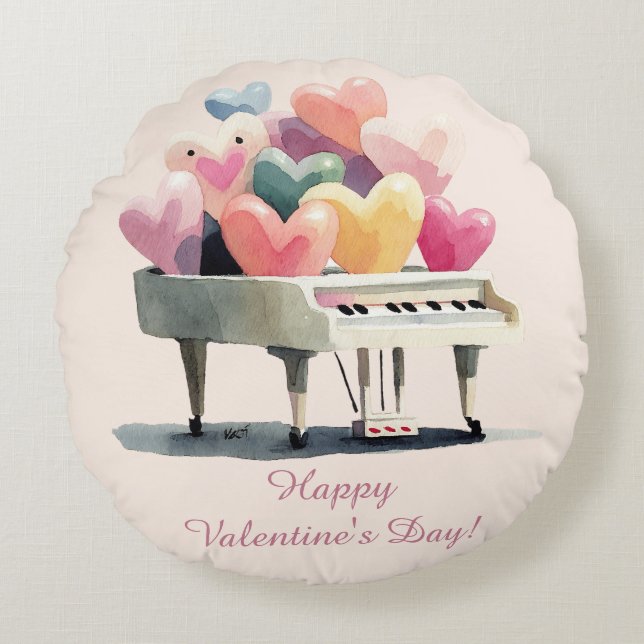 Piano of Love Hearts Valentine's Day Rond Kussen (Voorkant)