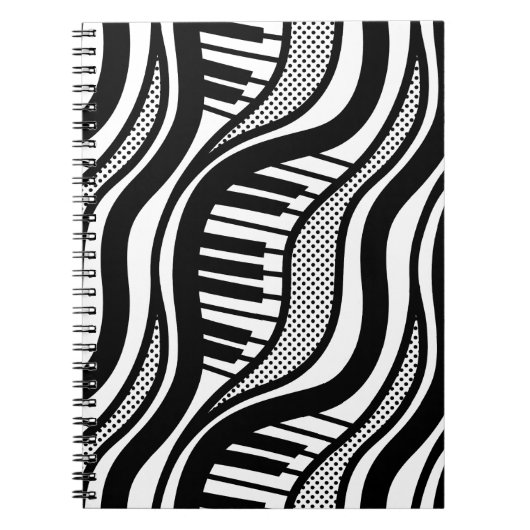 Piano Polka Waves Notitieboek – Musical Zwart-wit (Voorkant)