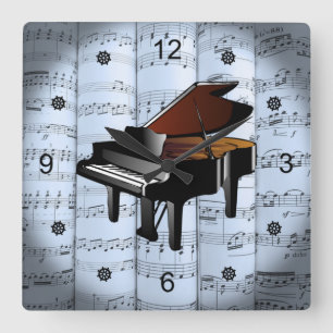 Piano ~ Rollend vel Music ~ Blue Tint Background  Vierkante Klok
