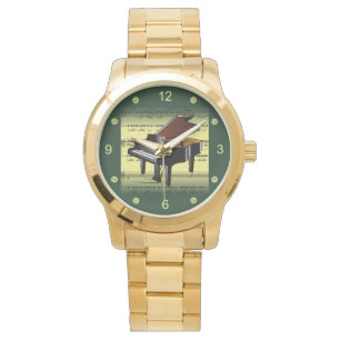 Piano ~ Rolling Sheet Music ~ Gold/Green Backgroun Horloge
