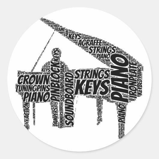 Piano Shaped Word Art Zwart Tekst Ronde Sticker (Voorkant)