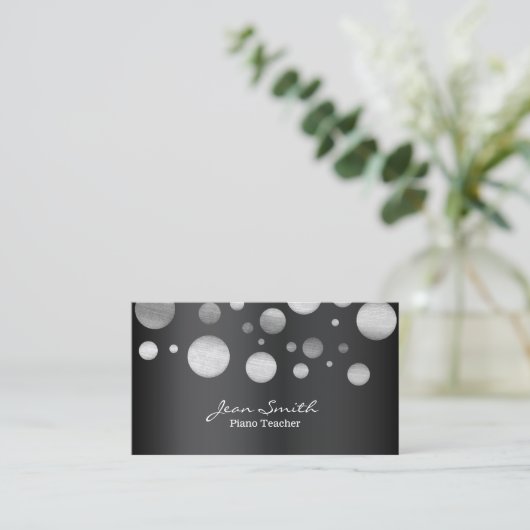 Piano Teacher Modern Silver Polka Dots Visitekaartje (Staand voorkant)
