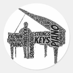 Piano-tekst in Word Art Black Ronde Sticker