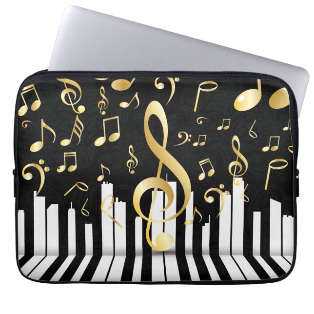 Piano-toetsen zwart goud laptop sleeve (Voorkant)