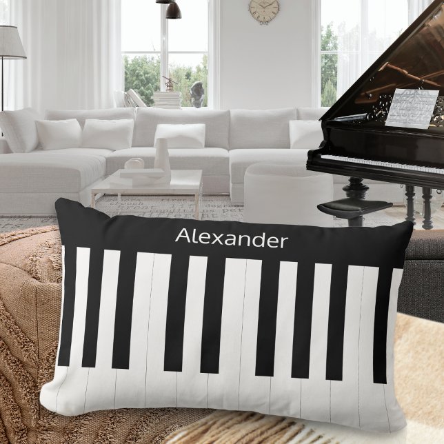 Piano Toetsenbord Zwart Wit Muziekinstrument Kussen (A stylish lumbar pillow with black and white piano keys design, personalized with a name)