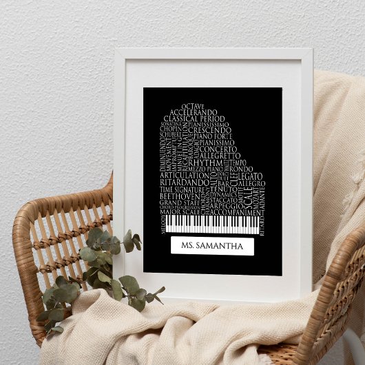 Piano Word Cloud Gift voor Piano Teacher Poster