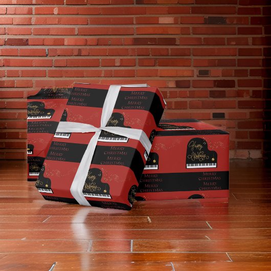 Piano Zwart & Rood Vrolijk Kerstfeest Cadeaupapier