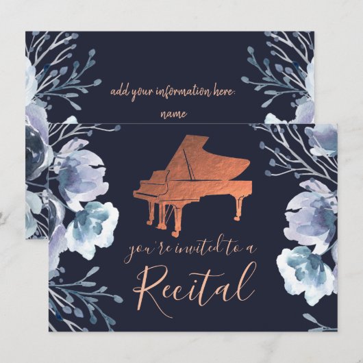 pianolblauwe waterverf bloemen uitnodiging (Voorkant / Achterkant)