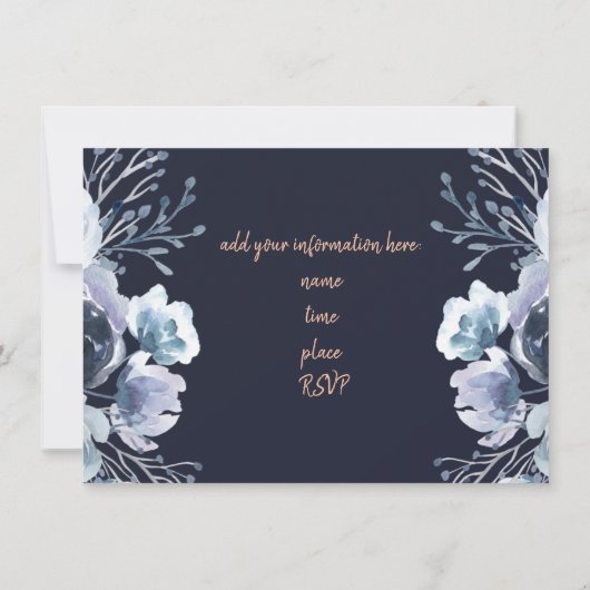 pianolblauwe waterverf bloemen uitnodiging (Achterkant)