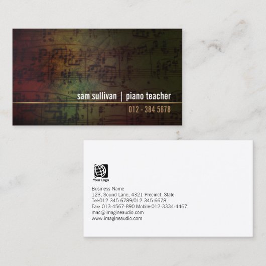 Pianoleraar Muzikant Grunge Muzieknoten Visitekaartje (Voorkant / Achterkant)