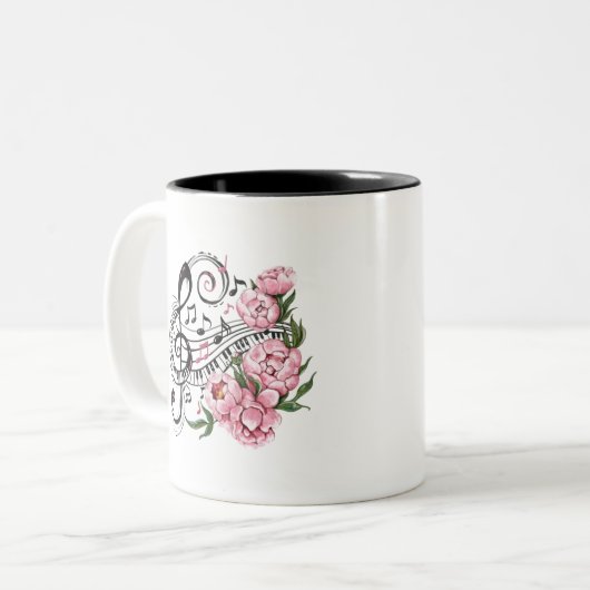 Pianosleutels en bloemen tweekleurige koffiemok (Voorkant links)