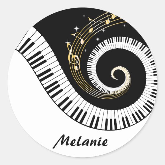 Pianosleutels en gouden Muzieknoten Ronde Sticker (Voorkant)