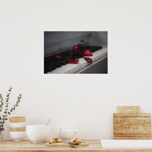 Pianosleutels met een rode roze poster (Keuken)