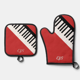 Pianotoetsen Kersenrood Muziekinstrument Geborduur Ovenwant & Pannenlap Set