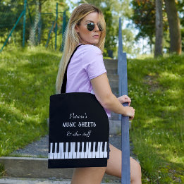 Pianotoetsenbord en aanpasbare tekst zwart-wit tote bag