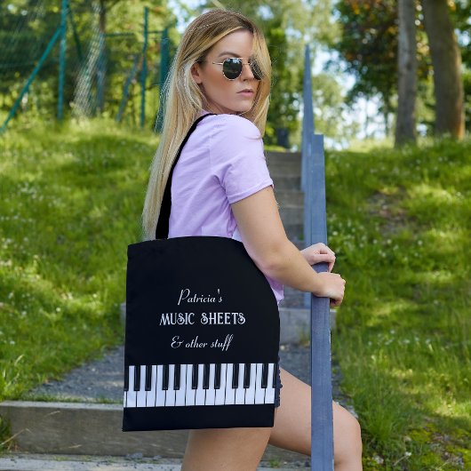 Pianotoetsenbord en aanpasbare tekst zwart-wit tote bag