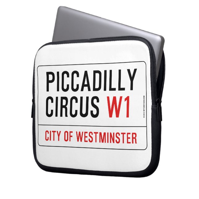 Piccadilly Circus Street Sign Laptop Sleeve (Voorkant Links)