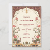 Pichwai Indian Lotus Peacock Wedding Invitation Kaart (Voorkant)