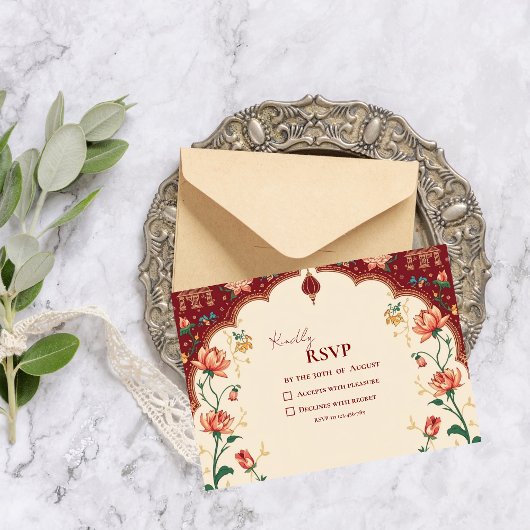 Pichwai Indian Peacock Elegant Wedding RSVP Kaartje