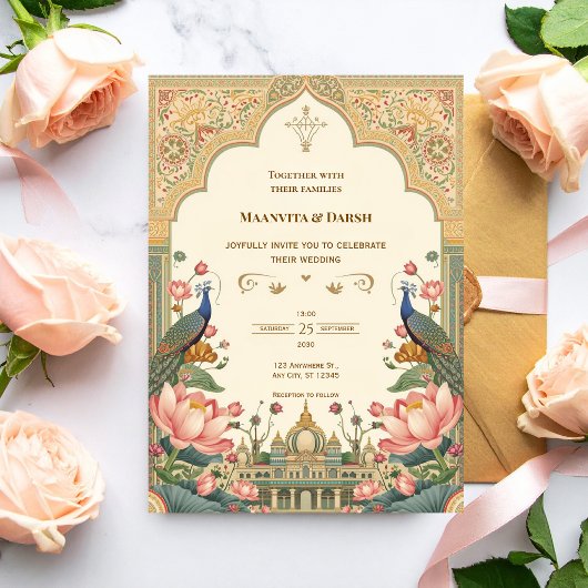 Pichwai Indian Peacock Lotus Wedding Invitation Kaart