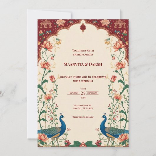 Pichwai Indian Peacock Wedding Invitation Kaart (Voorkant)