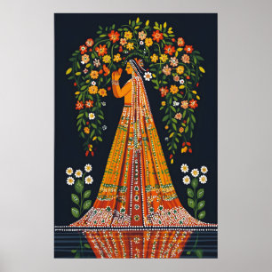 Pichwai-kunstprint Traditionele Indiase vrouw bloe Poster