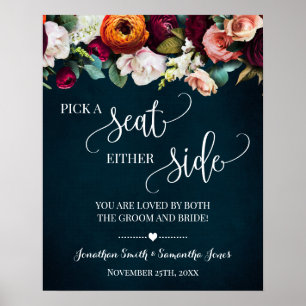Pick Seat Beide Side Wedding Wine Navy Sign Poster