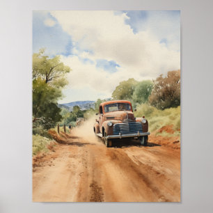 pick-up truck op land weg waterverf poster