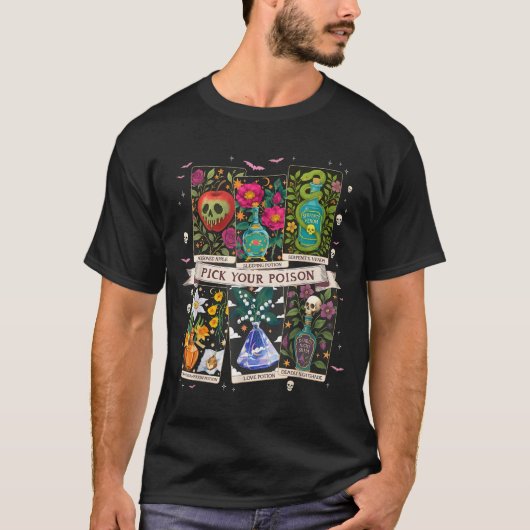 Pick Your Poisons Funny Drink Me Potions Happy Hal T-shirt (Voorkant)