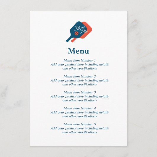 Pickelball bruiloft menu met peddel racket logo (Voorkant)