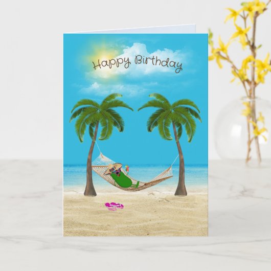 Pickle in hangmat op strand Verjaardag Kaart (Gele Bloem)