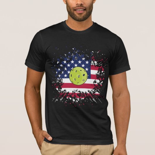 Pickleball American Flag US Racket Paddle Ball T-shirt (Voorkant)