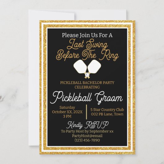 Pickleball Bachelor Party Zwart en Goud Glitter Kaart (Voorkant)