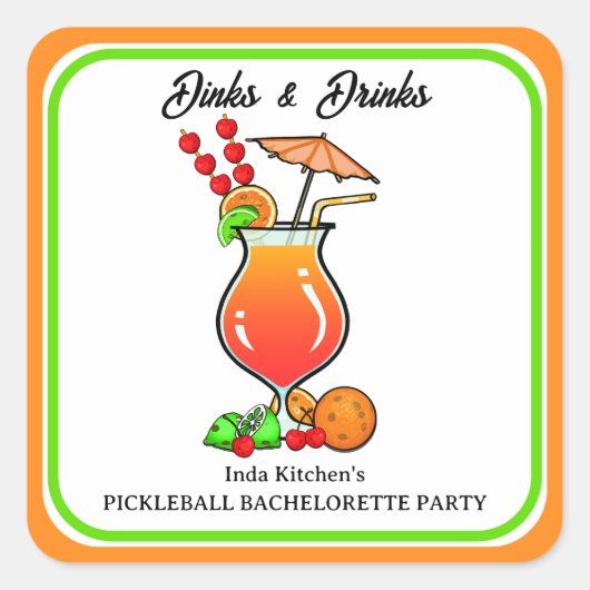 Pickleball Bachelorette Bruiloft Drankjes & Drinke Vierkante Sticker (Voorkant)