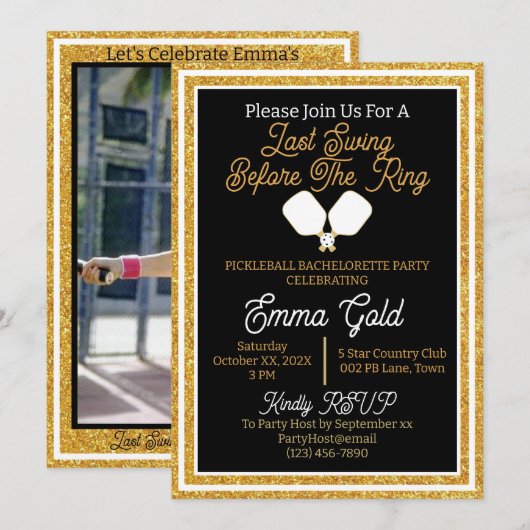 Pickleball Bachelorette Party Zwart & Goud Glitter Kaart (Voorkant / Achterkant)
