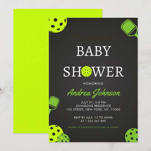 Pickleball Ball Paddle Sports Theme Baby shower Save The Date (Voorkant / Achterkant)