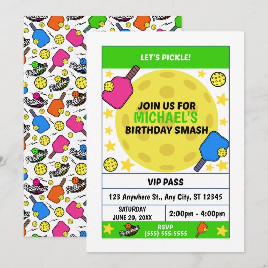 Pickleball Birthday Party Invitation Kaart (Voorkant / Achterkant)