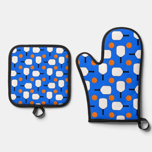 Pickleball Blauw, Sinaasappels Ballen met Witte Pa Ovenwant & Pannenlap Set (Voorkant)