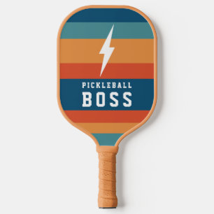 Pickleball Boss Lightning Bolt Retro Stripes Name Pickleball Paddle