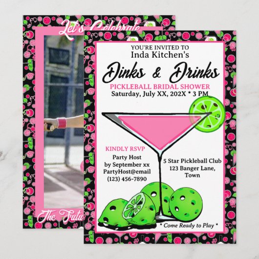 Pickleball Bridal Shower Dinks & Drinks Pink Black Kaart (Voorkant / Achterkant)