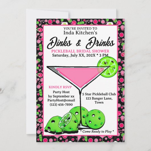 Pickleball Bruidsfeest Dinks & Dranken Roze Zwart Kaart (Voorkant)