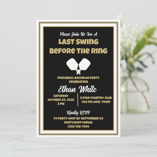 Pickleball Bruiloft Bachelor Party Zwart en Goud Kaart (Staand voorkant)