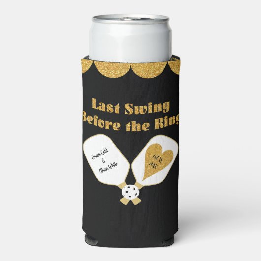 Pickleball Bruiloft Zwart en Goud Gepersonaliseerd Seltzer Blikjeskoeler (Seltzer Voorkant)