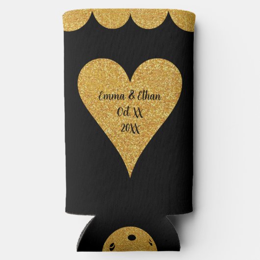 Pickleball Bruiloft Zwart en Goud Gepersonaliseerd Seltzer Blikjeskoeler (Achterkant)