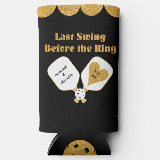 Pickleball Bruiloft Zwart en Goud Gepersonaliseerd Seltzer Blikjeskoeler (Voorkant)