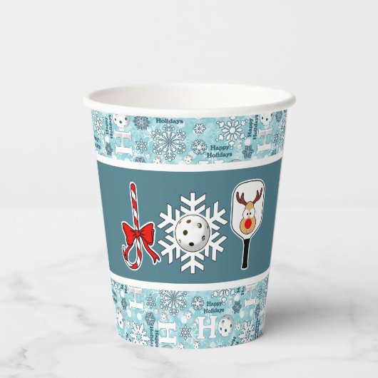 Pickleball Christmas Joy Blauwe en Witte Sneeuwbal Papieren Bekers (Achterkant)