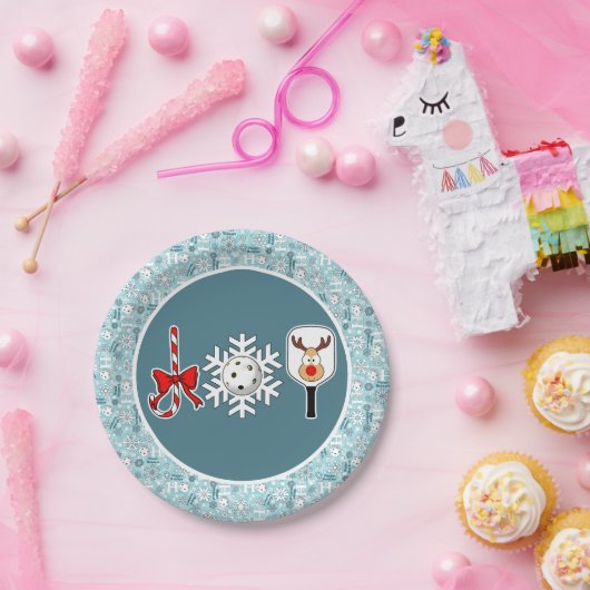 Pickleball Christmas Joy Blauwe en Witte Sneeuwbal Papieren Bordje (Feest)